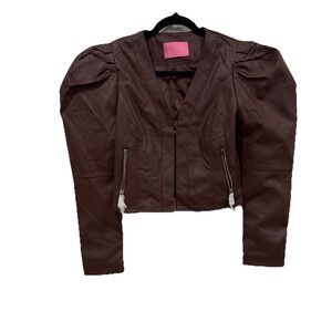 NWT Azalea Wang chocolate puff sleeves pleather Jacket hook/eye closure Medium M